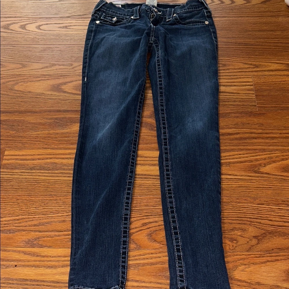 True Religion Jodie Glitz & Glam Jean Rhinestone Buttons Flap Low Rise Skinny 27